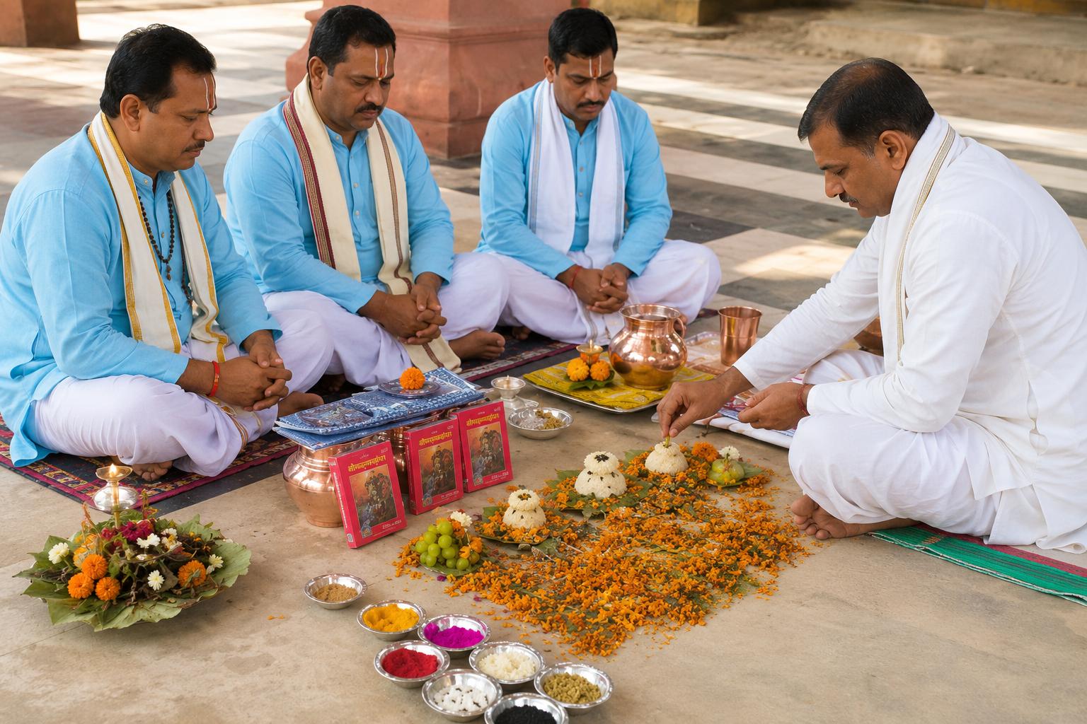 Tripindi Shradh ritual being performed by three experienced Hindu priests and a devotee dressed in traditional white dhoti-kurta. The ceremony is conducted in a temple courtyard with sacred offerings, pind daan, marigold flowers, copper kalash, ritual powders, fruits, and puja materials arranged on the ground. The priests are guiding the devotee through the ancestral rites as part of the Tripindi Shradh ceremony for Pitru Dosha Nivaran and ancestor appeasement.